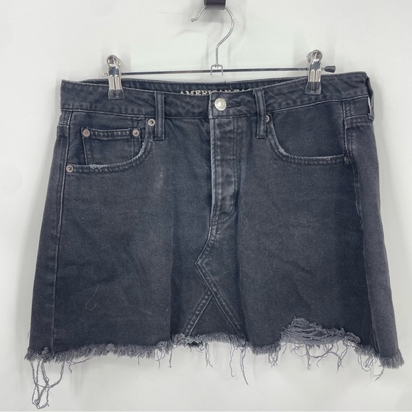 American Eagle Hi Rise Festival Mini Jean Skirt Black Fringe Distressed Size 8 - Picture 1 of 7